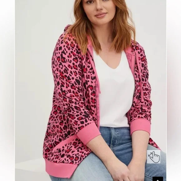 Torrid Classic Cozy Fleece Zip Up Tunic Hoodie Size 5~Pink Leopard~NWT - Picture 1 of 3